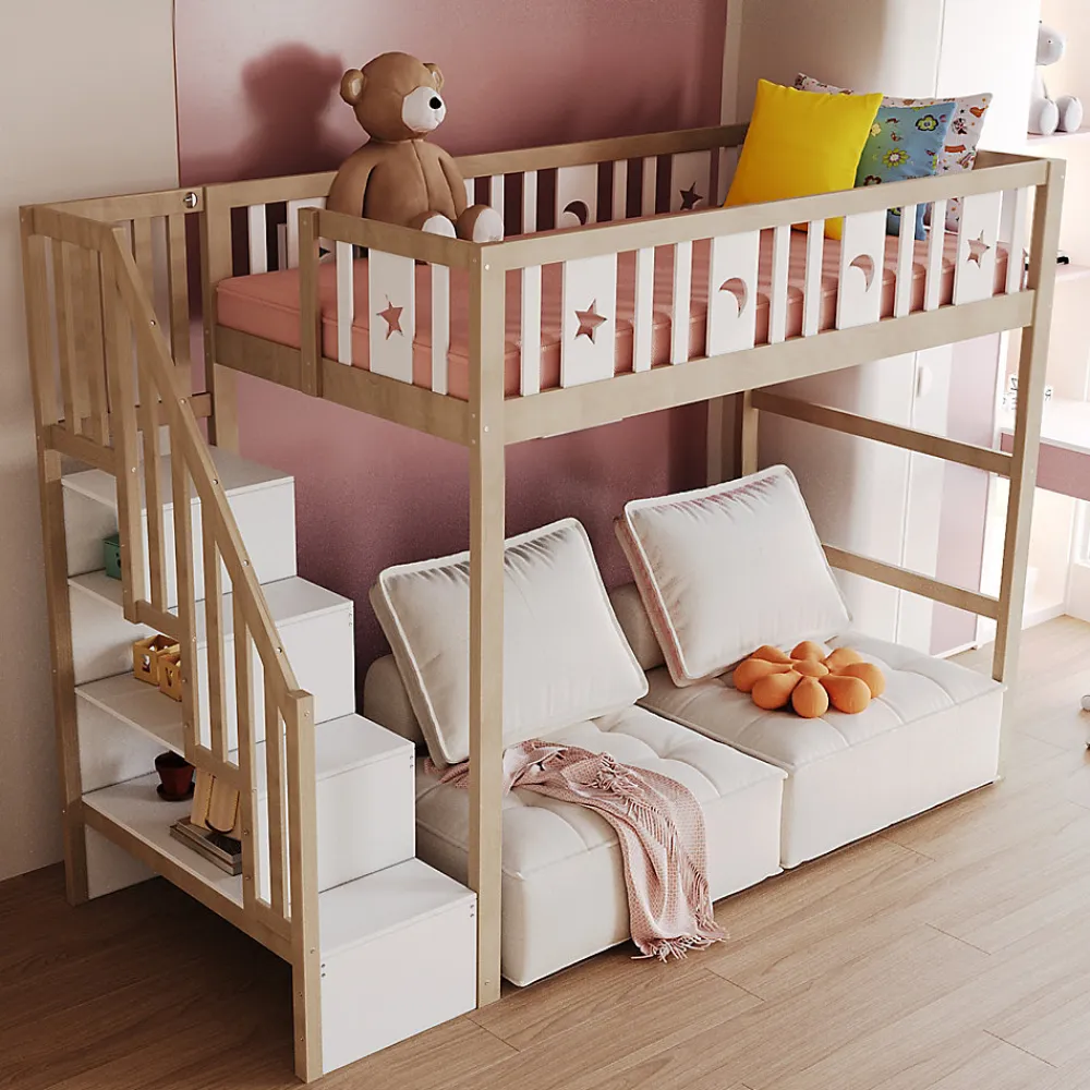 Lit mezzanine 90x200 cm enfant avec escalier intégré et sécurité, décor lune et étoiles, bois massif blanc et bois sans matelas>Okwish Clearance