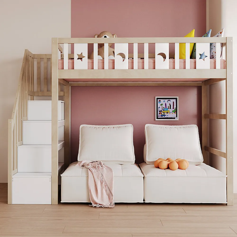 Lit mezzanine 90x200 cm enfant avec escalier intégré et sécurité, décor lune et étoiles, bois massif blanc et bois sans matelas>Okwish Clearance