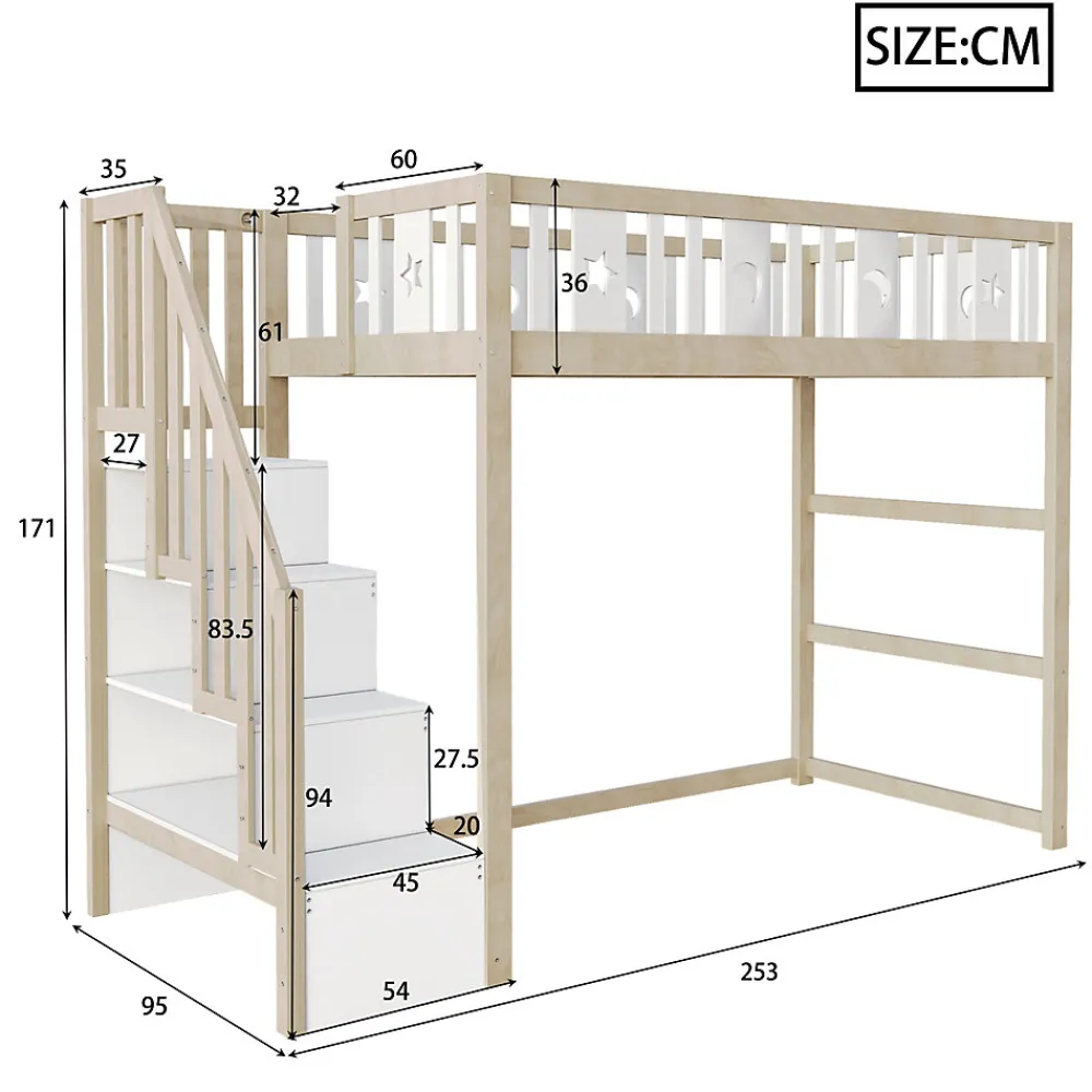 Lit mezzanine 90x200 cm enfant avec escalier intégré et sécurité, décor lune et étoiles, bois massif blanc et bois sans matelas>Okwish Clearance