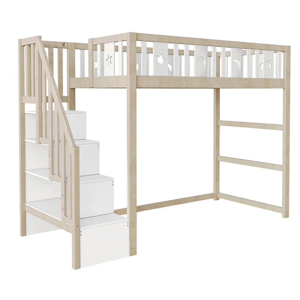 Lit mezzanine 90x200 cm enfant avec escalier intégré et sécurité, décor lune et étoiles, bois massif blanc et bois sans matelas>Okwish Clearance