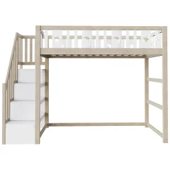 Lit mezzanine 90x200 cm enfant avec escalier intégré et sécurité, décor lune et étoiles, bois massif blanc et bois sans matelas><noscript><img width=