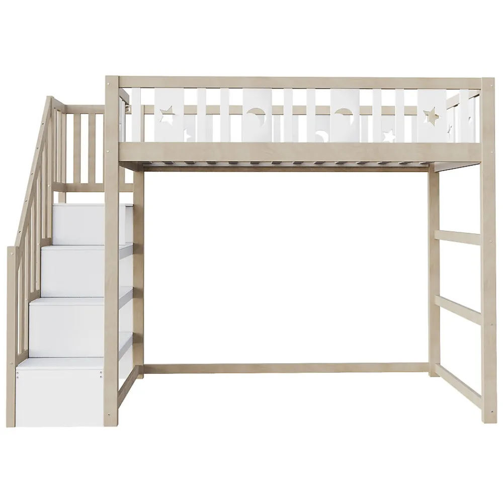 Lit mezzanine 90x200 cm enfant avec escalier intégré et sécurité, décor lune et étoiles, bois massif blanc et bois sans matelas>Okwish Clearance