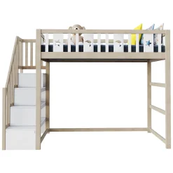 Lit mezzanine 90x200 cm enfant avec escalier intégré et sécurité, décor lune et étoiles, bois massif blanc et bois sans matelas><noscript><img width=