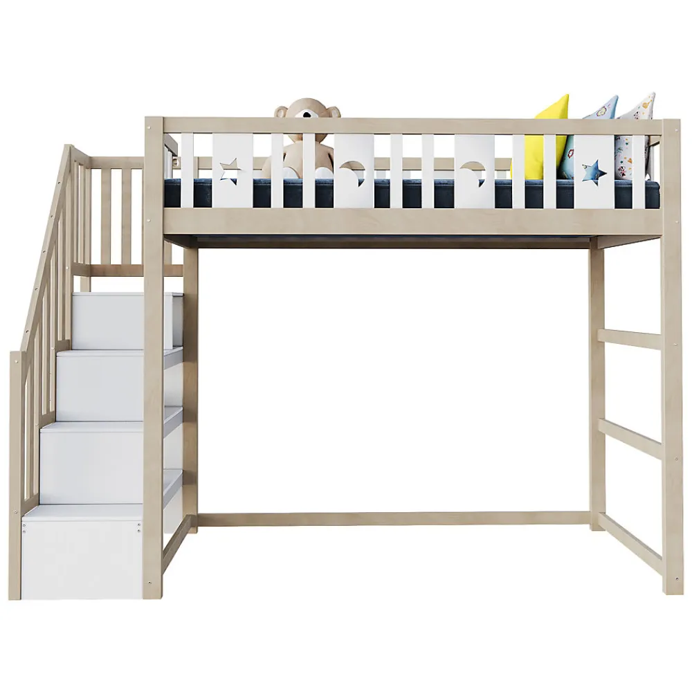 Lit mezzanine 90x200 cm enfant avec escalier intégré et sécurité, décor lune et étoiles, bois massif blanc et bois sans matelas>Okwish Clearance
