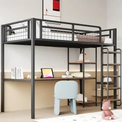 Lit mezzanine 90x200 cm enfant métal, bureau et étagères intégrés, échelle de sécurité, garde-corps métal, noir - Sans matelas>Okwish Outlet