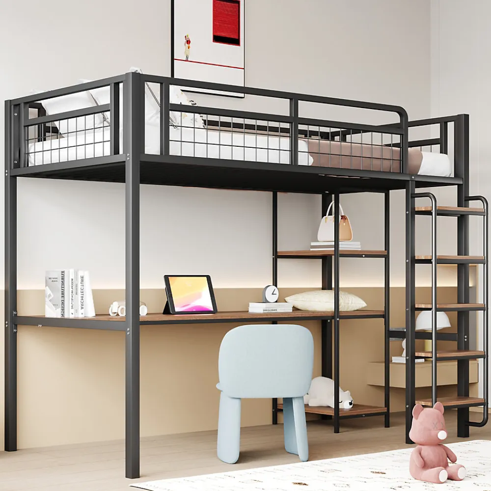 Lit mezzanine 90x200 cm enfant métal, bureau et étagères intégrés, échelle de sécurité, garde-corps métal, noir - Sans matelas>Okwish Outlet