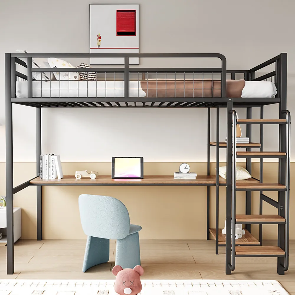 Lit mezzanine 90x200 cm enfant métal, bureau et étagères intégrés, échelle de sécurité, garde-corps métal, noir - Sans matelas>Okwish Outlet