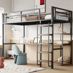 Lit mezzanine 90x200 cm enfant métal, bureau et étagères intégrés, échelle de sécurité, garde-corps métal, noir - Sans matelas><noscript><img width=