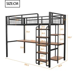 Lit mezzanine 90x200 cm enfant métal, bureau et étagères intégrés, échelle de sécurité, garde-corps métal, noir - Sans matelas><noscript><img width=
