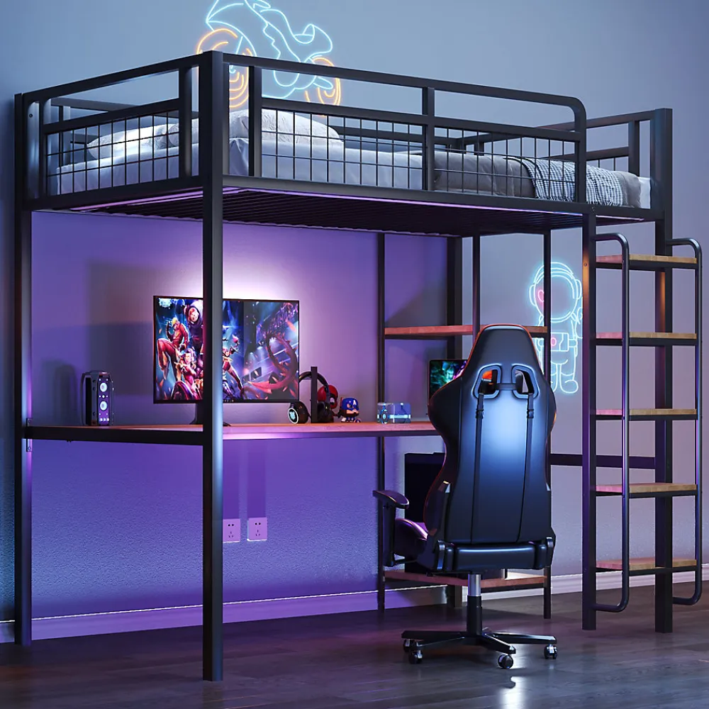 Lit mezzanine 90x200 cm enfant métal, bureau et étagères intégrés, échelle de sécurité, garde-corps métal, noir - Sans matelas>Okwish Outlet