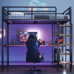 Lit mezzanine 90x200 cm enfant métal, bureau et étagères intégrés, échelle de sécurité, garde-corps métal, noir - Sans matelas><noscript><img width=