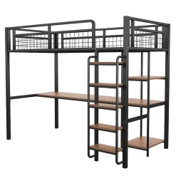 Lit mezzanine 90x200 cm enfant métal, bureau et étagères intégrés, échelle de sécurité, garde-corps métal, noir - Sans matelas><noscript><img width=