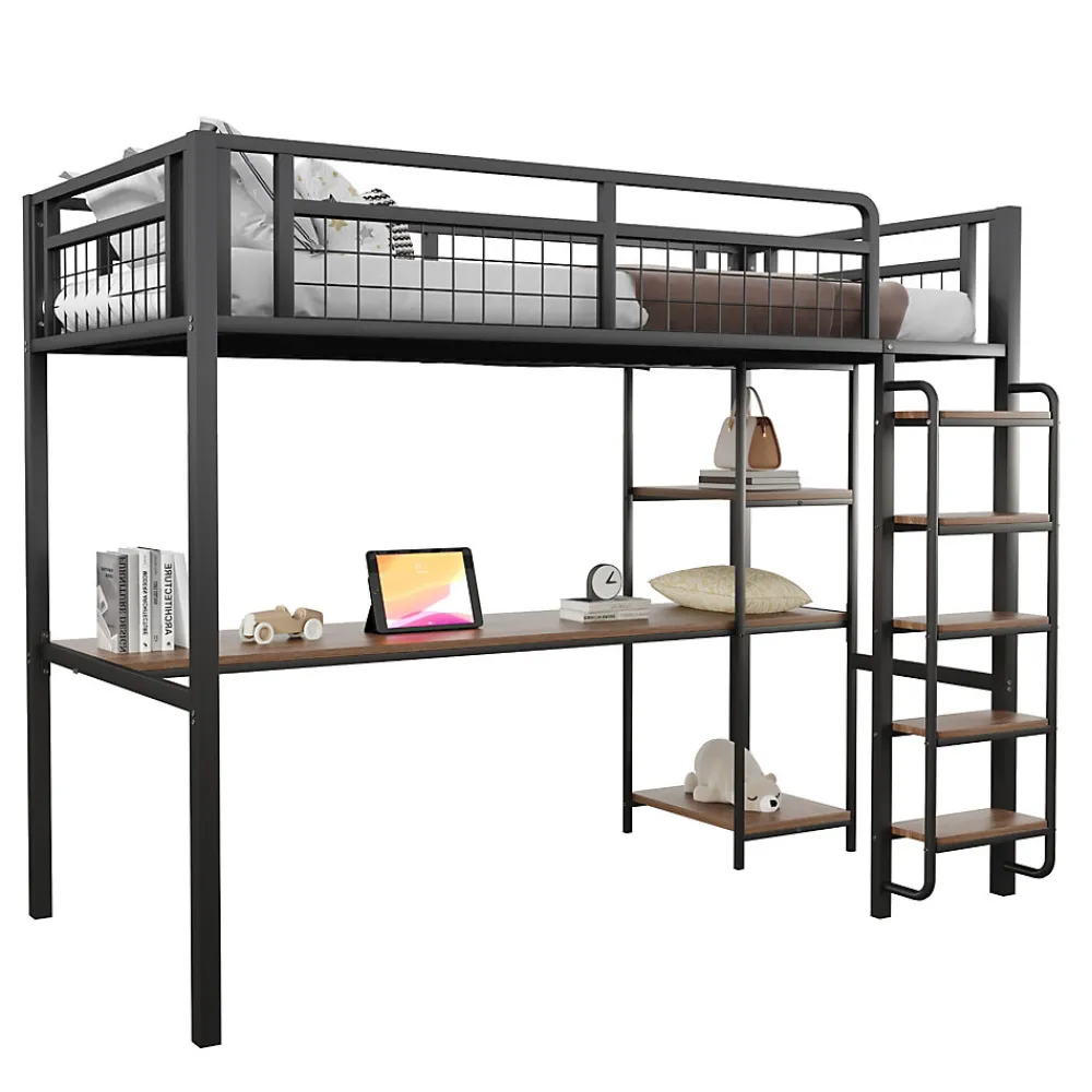 Lit mezzanine 90x200 cm enfant métal, bureau et étagères intégrés, échelle de sécurité, garde-corps métal, noir - Sans matelas>Okwish Outlet