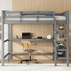 Lit mezzanine 140x200 cm gris sans matelas avec bureau integre et etageres pour chambre enfant>Aapaas Hot