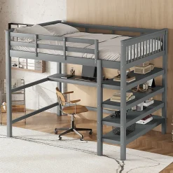 Lit mezzanine 140x200 cm gris sans matelas avec bureau integre et etageres pour chambre enfant><noscript><img width=