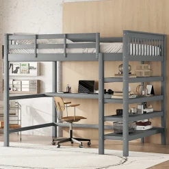 Lit mezzanine 140x200 cm gris sans matelas avec bureau integre et etageres pour chambre enfant><noscript><img width=