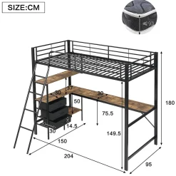 Okwish Lit Mezzanine 90x200 cm, Lit Ado en Métal avec Grand Bureau 2 m et 3 Tiroirs de Rangement, Style Industriel - Noir + Noyer Foncé* Lit Mezzanine