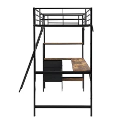 Okwish Lit Mezzanine 90x200 cm, Lit Ado en Métal avec Grand Bureau 2 m et 3 Tiroirs de Rangement, Style Industriel - Noir + Noyer Foncé* Lit Mezzanine