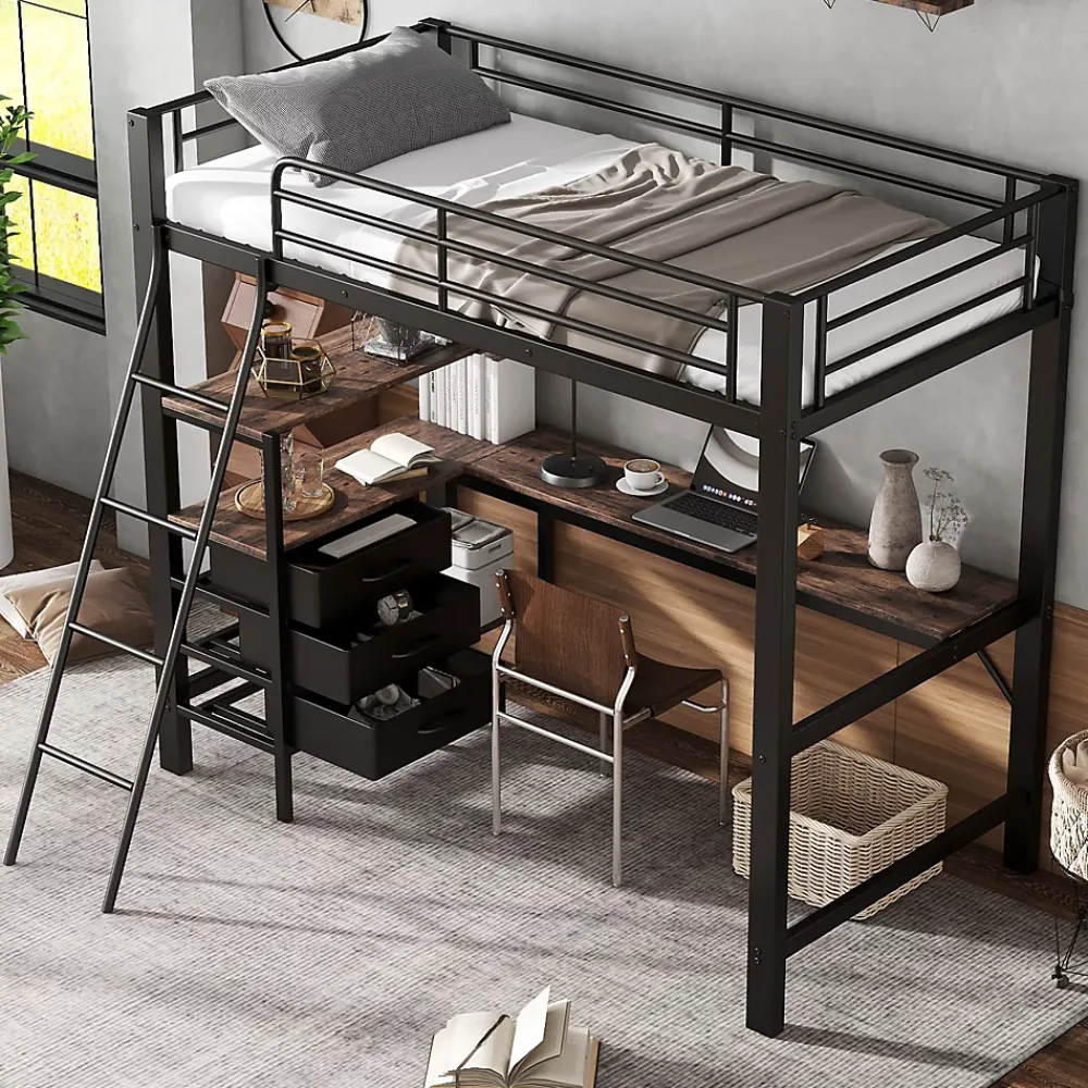 Okwish Lit Mezzanine 90x200 cm, Lit Ado en Métal avec Grand Bureau 2 m et 3 Tiroirs de Rangement, Style Industriel - Noir + Noyer Foncé* Lit Mezzanine