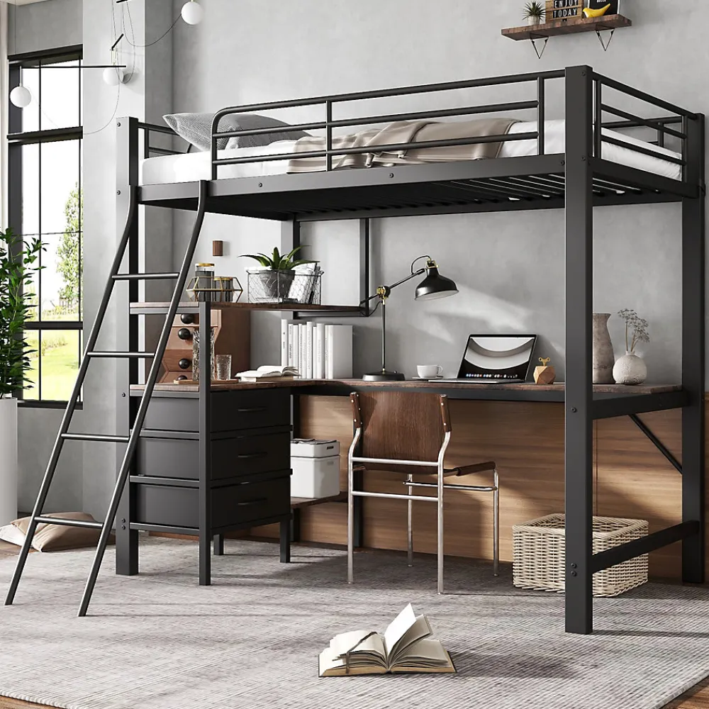 Okwish Lit Mezzanine 90x200 cm, Lit Ado en Métal avec Grand Bureau 2 m et 3 Tiroirs de Rangement, Style Industriel - Noir + Noyer Foncé* Lit Mezzanine