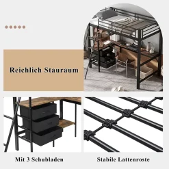 Okwish Lit Mezzanine 90x200 cm, Lit Ado en Métal avec Grand Bureau 2 m et 3 Tiroirs de Rangement, Style Industriel - Noir + Noyer Foncé* Lit Mezzanine
