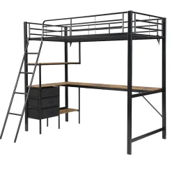 Okwish Lit Mezzanine 90x200 cm, Lit Ado en Métal avec Grand Bureau 2 m et 3 Tiroirs de Rangement, Style Industriel - Noir + Noyer Foncé* Lit Mezzanine