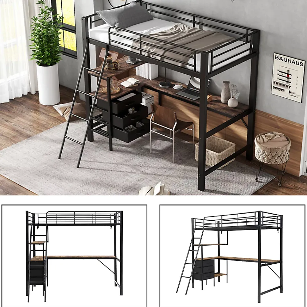 Okwish Lit Mezzanine 90x200 cm, Lit Ado en Métal avec Grand Bureau 2 m et 3 Tiroirs de Rangement, Style Industriel - Noir + Noyer Foncé* Lit Mezzanine