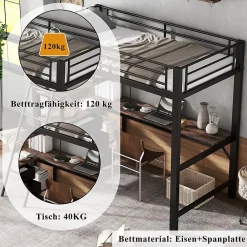 Okwish Lit Mezzanine 90x200 cm, Lit Ado en Métal avec Grand Bureau 2 m et 3 Tiroirs de Rangement, Style Industriel - Noir + Noyer Foncé* Lit Mezzanine