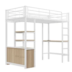 Okwish Lit Mezzanine 90x200 cm, Lit Ado en Métal avec Bureau et Prises USB, Rangements Ouverts Intégrés - Blanc* Lit Mezzanine