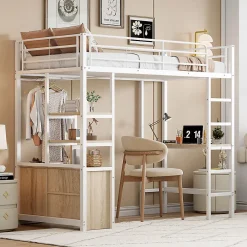 Okwish Lit Mezzanine 90x200 cm, Lit Ado en Métal avec Bureau et Prises USB, Rangements Ouverts Intégrés - Blanc* Lit Mezzanine