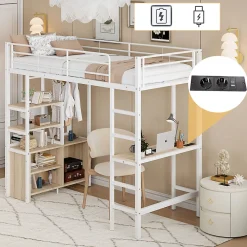 Okwish Lit Mezzanine 90x200 cm, Lit Ado en Métal avec Bureau et Prises USB, Rangements Ouverts Intégrés - Blanc* Lit Mezzanine