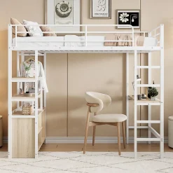 Okwish Lit Mezzanine 90x200 cm, Lit Ado en Métal avec Bureau et Prises USB, Rangements Ouverts Intégrés - Blanc* Lit Mezzanine