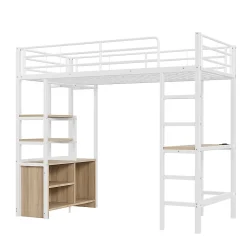 Okwish Lit Mezzanine 90x200 cm, Lit Ado en Métal avec Bureau et Prises USB, Rangements Ouverts Intégrés - Blanc* Lit Mezzanine