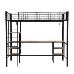 Okwish Lit Mezzanine 90x200 cm, Lit Ado en Métal avec Bureau et Étagères Intégrées, Style Industriel Gain de Place - Noir* Lit Mezzanine