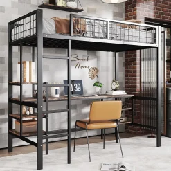 Okwish Lit Mezzanine 90x200 cm, Lit Ado en Métal avec Bureau et Étagères Intégrées, Style Industriel Gain de Place - Noir* Lit Mezzanine