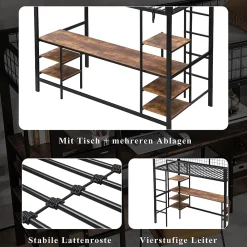 Okwish Lit Mezzanine 90x200 cm, Lit Ado en Métal avec Bureau et Étagères Intégrées, Style Industriel Gain de Place - Noir* Lit Mezzanine
