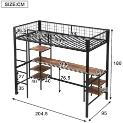 Okwish Lit Mezzanine 90x200 cm, Lit Ado en Métal avec Bureau et Étagères Intégrées, Style Industriel Gain de Place - Noir* Lit Mezzanine