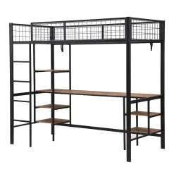 Okwish Lit Mezzanine 90x200 cm, Lit Ado en Métal avec Bureau et Étagères Intégrées, Style Industriel Gain de Place - Noir* Lit Mezzanine
