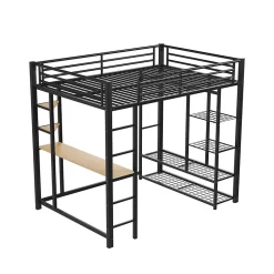 Generique Lit Mezzanine 140x200 cm, Lit Double Ado avec Bureau Intégré et Échelle Sécurisée, Structure Métal et MDF, Sans Matelas - Noir* Lit Mezzanine