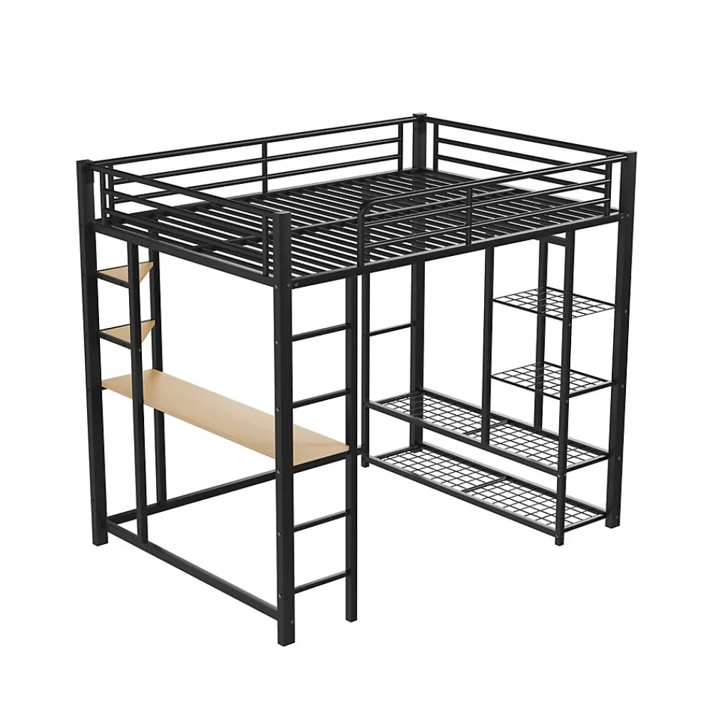 Generique Lit Mezzanine 140x200 cm, Lit Double Ado avec Bureau Intégré et Échelle Sécurisée, Structure Métal et MDF, Sans Matelas - Noir* Lit Mezzanine