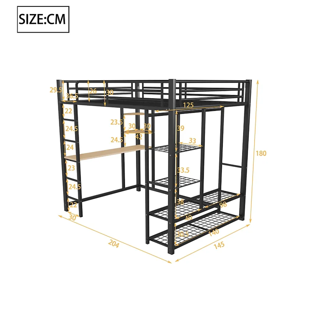 Generique Lit Mezzanine 140x200 cm, Lit Double Ado avec Bureau Intégré et Échelle Sécurisée, Structure Métal et MDF, Sans Matelas - Noir* Lit Mezzanine