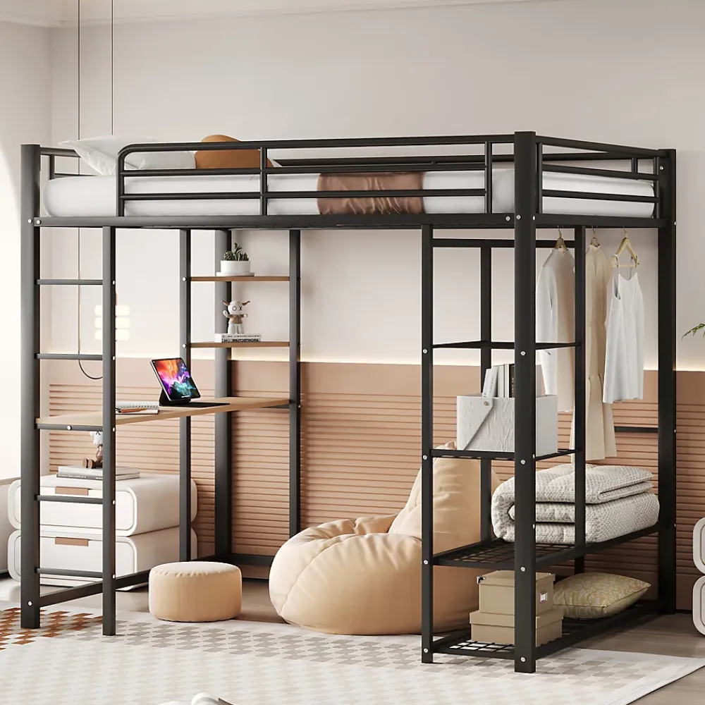 Generique Lit Mezzanine 140x200 cm, Lit Double Ado avec Bureau Intégré et Échelle Sécurisée, Structure Métal et MDF, Sans Matelas - Noir* Lit Mezzanine