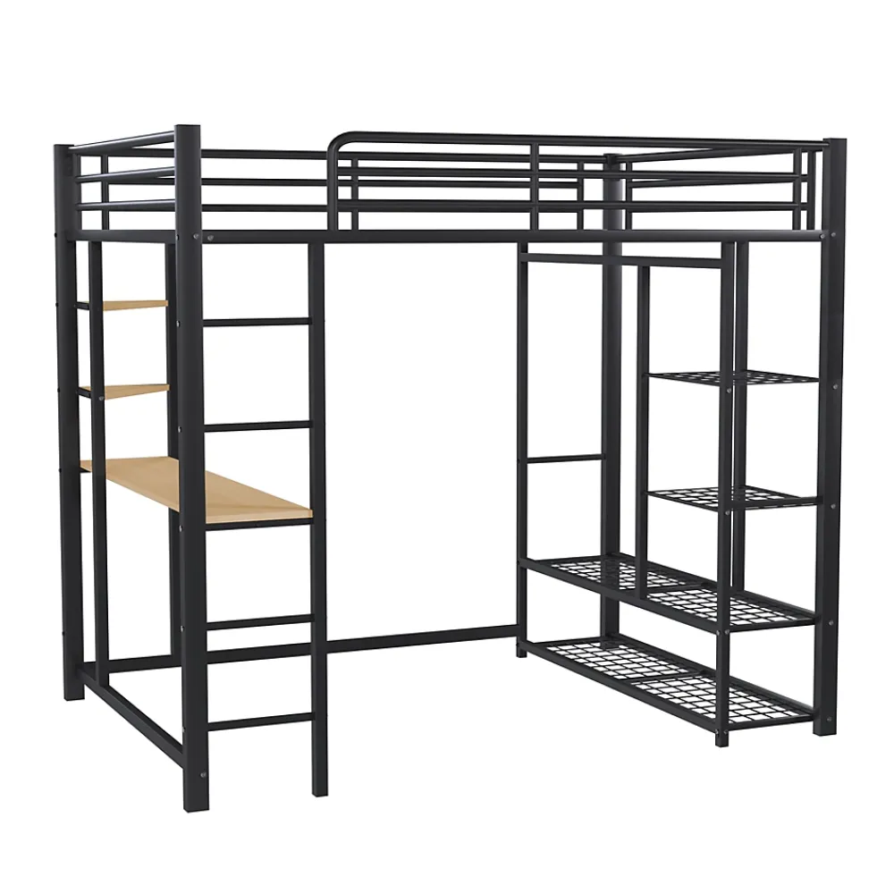 Generique Lit Mezzanine 140x200 cm, Lit Double Ado avec Bureau Intégré et Échelle Sécurisée, Structure Métal et MDF, Sans Matelas - Noir* Lit Mezzanine