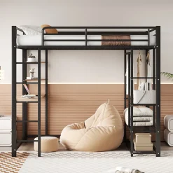Generique Lit Mezzanine 140x200 cm, Lit Double Ado avec Bureau Intégré et Échelle Sécurisée, Structure Métal et MDF, Sans Matelas - Noir* Lit Mezzanine