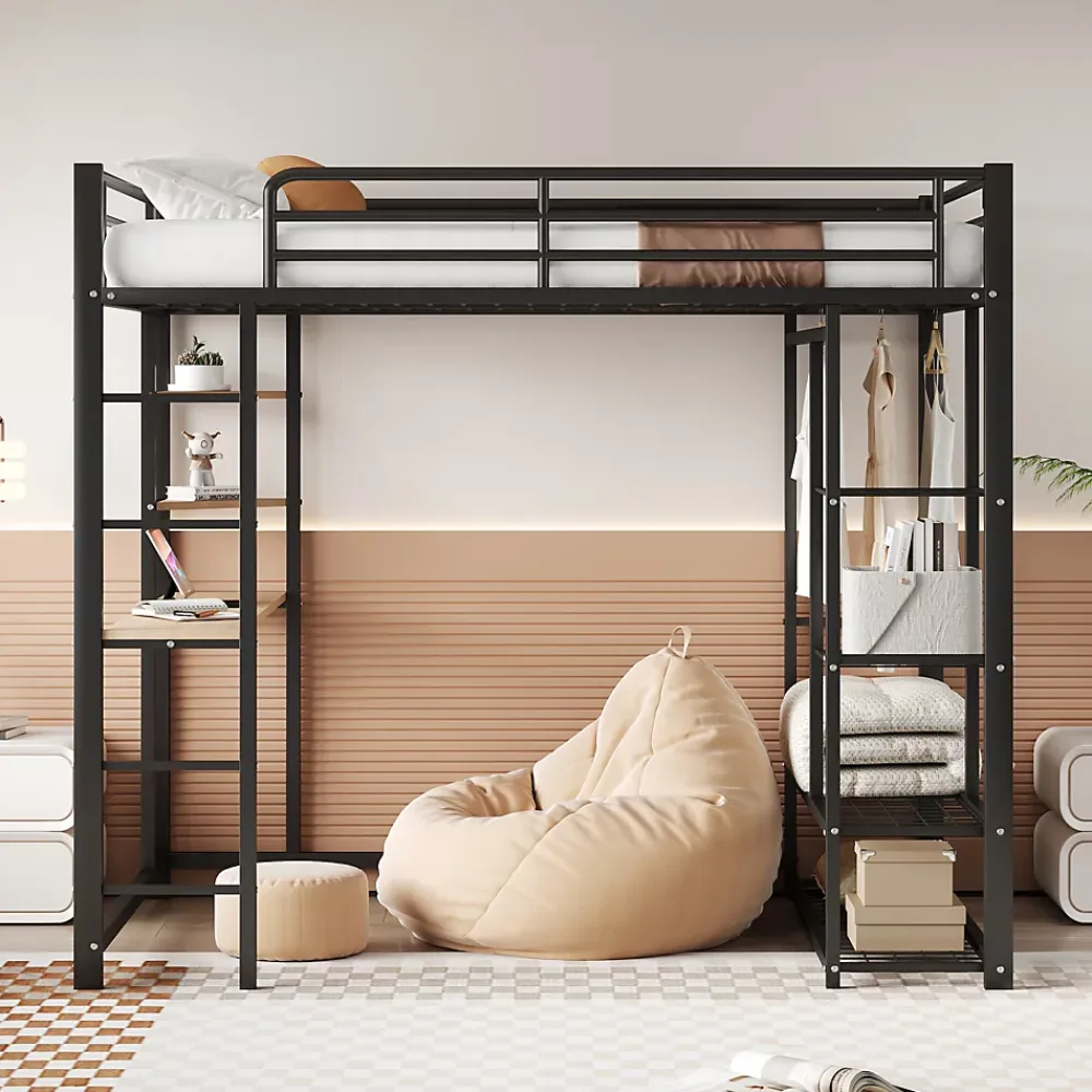 Generique Lit Mezzanine 140x200 cm, Lit Double Ado avec Bureau Intégré et Échelle Sécurisée, Structure Métal et MDF, Sans Matelas - Noir* Lit Mezzanine