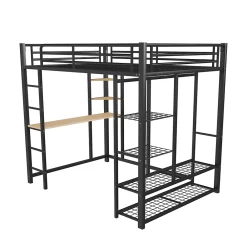 Generique Lit Mezzanine 140x200 cm, Lit Double Ado avec Bureau Intégré et Échelle Sécurisée, Structure Métal et MDF, Sans Matelas - Noir* Lit Mezzanine