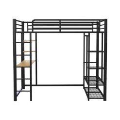 Generique Lit Mezzanine 140x200 cm, Lit Double Ado avec Bureau Intégré et Échelle Sécurisée, Structure Métal et MDF, Sans Matelas - Noir* Lit Mezzanine
