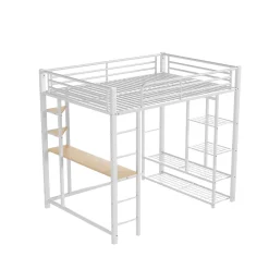 Okwish Lit Mezzanine 140x200 cm, Lit Double Ado avec Bureau Intégré et Échelle Sécurisée, Structure Métal et MDF, Sans Matelas - Blanc* Lit Mezzanine