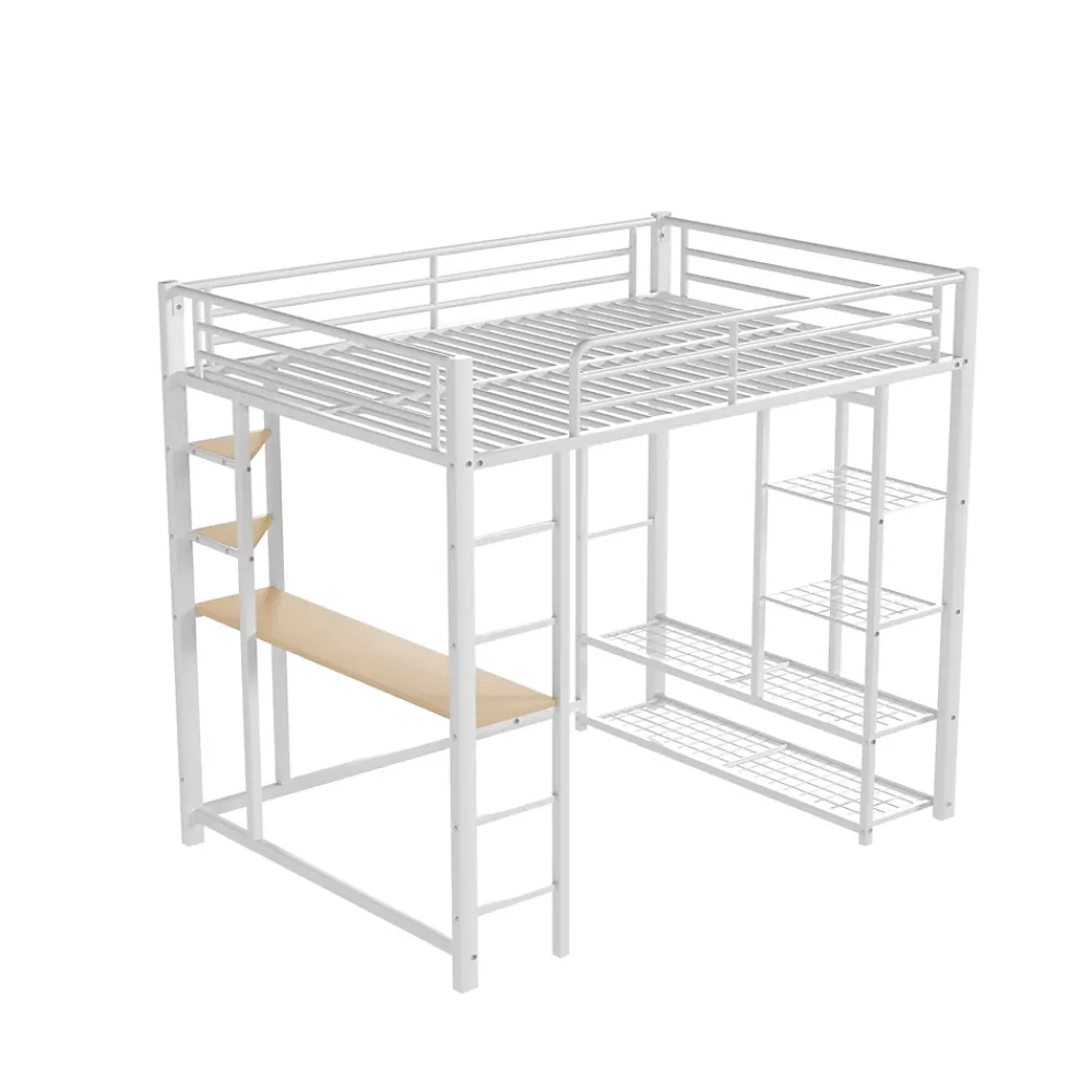 Okwish Lit Mezzanine 140x200 cm, Lit Double Ado avec Bureau Intégré et Échelle Sécurisée, Structure Métal et MDF, Sans Matelas - Blanc* Lit Mezzanine