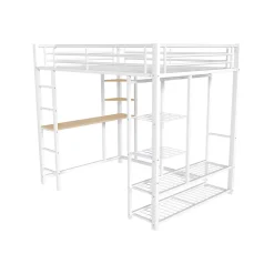 Okwish Lit Mezzanine 140x200 cm, Lit Double Ado avec Bureau Intégré et Échelle Sécurisée, Structure Métal et MDF, Sans Matelas - Blanc* Lit Mezzanine